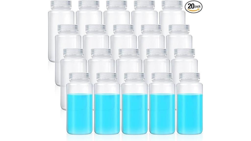 twenty plastic laboratory bottles